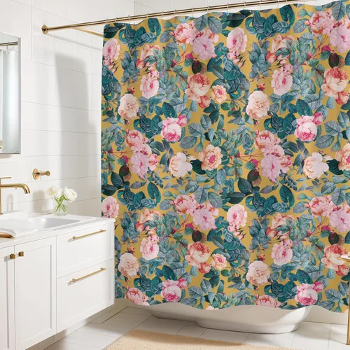 Miniatura 17 de Cortina de ducha con estampado floral coral oscuro - Patrón de flores negras moderno melancólico - Decoración moderna para el hogar - Cortina