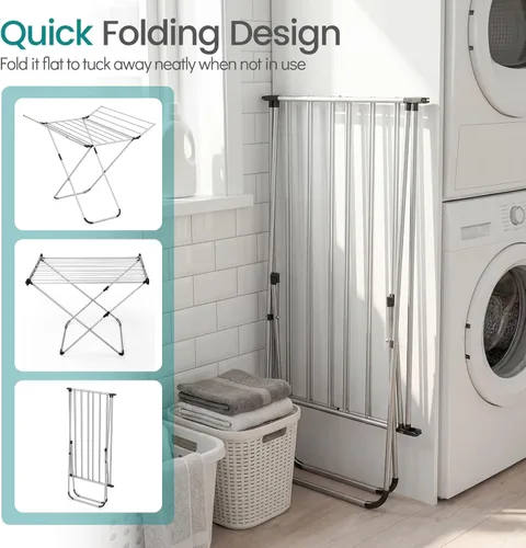 Miniatura 5 de GOFLAME Clothes Drying Rack, Laundry Drying Rack with 2 Foldable Wings, 14 Drying Rods, Free-Standing Collapsible Laundry Airer for Clothes, Towels