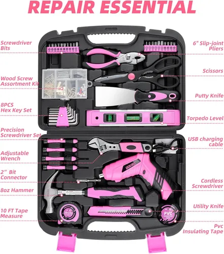 Miniatura 2 de Juego de herramientas de 143 piezas rosa para propietario de casa con destornillador inalámbrico de 3.6 V, kit de herramientas manuales