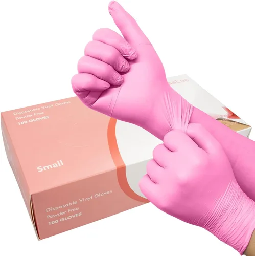 Paquete de 100 guantes desechables de vinilo rosa, sin látex y sin energía, guantes de examen de grado alimenticio para limpieza, preparación de