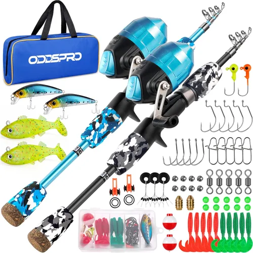 ODDSPRO Caña de pescar para niños, color rosa, kit combinado de caña de pescar telescópica portátil y carrete - con caja de aparejos de pesca