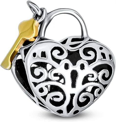Abalorio vintage de dos tonos con forma de corazón para enamorados de San Valentín, pareja de filigrana y llave para mujeres, novia, chapado en oro