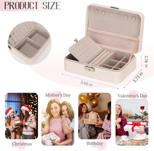 Miniatura 6 de Joyero de viaje en cuero acolchado, caja de joyería rectangular multifunción regalos de cumpleaños para mujer (morado)