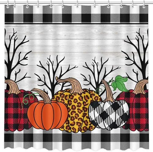 Miniatura 2 de MEHOFOND Cortina de ducha de calabaza de otoño, a cuadros, madera rústica, otoño, Halloween, Acción de Gracias, cortina de tela decorativa con 12