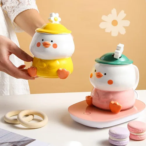 Miniatura 7 de Linda taza de café de pato 3D, divertida taza de café de cerámica de pato con tapa con sombrero y encantadora cuchara de flores, apta