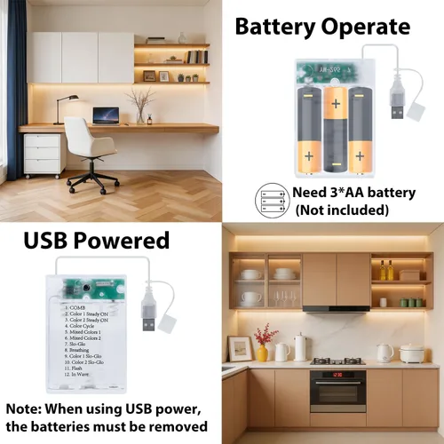 Miniatura 4 de Paquete de 3 Tiras de Luces LED de 6.6 Pies Alimentadas por Batería, Tira de Luz LED Blanca Cálida y Blanca Fría Alimentada por Batería, Luz