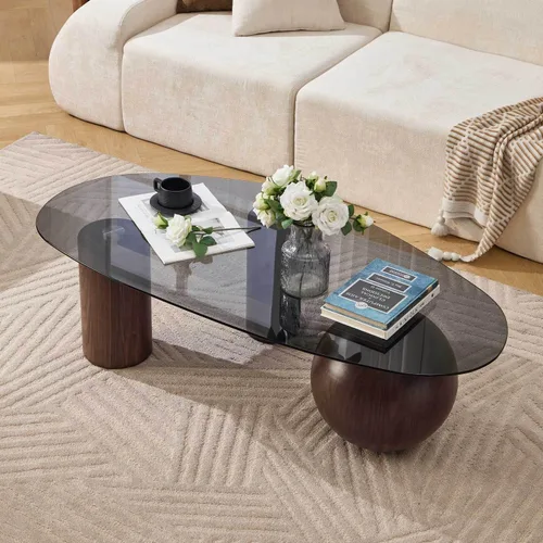 Miniatura 2 de Mesa auxiliar moderna de cristal ovalada de 55 pulgadas, patas de madera de nogal y mesa de vidrio curvado, mesa central de sofá de granja