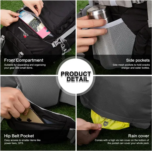 Miniatura 6 de MOUNTAINTOP Mochila de marco interno de 80L para hombre y mujer Mochila de senderismo con cubierta de lluvia Negro-80L