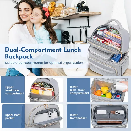 Miniatura 2 de Mochila Refrigeradora Mochila de Almuerzo de Doble Piso Caja de Almuerzo, Mochila Aislada Bolsa Refrigeradora de Almuerzo, Mochila Lonchera Ligera a
