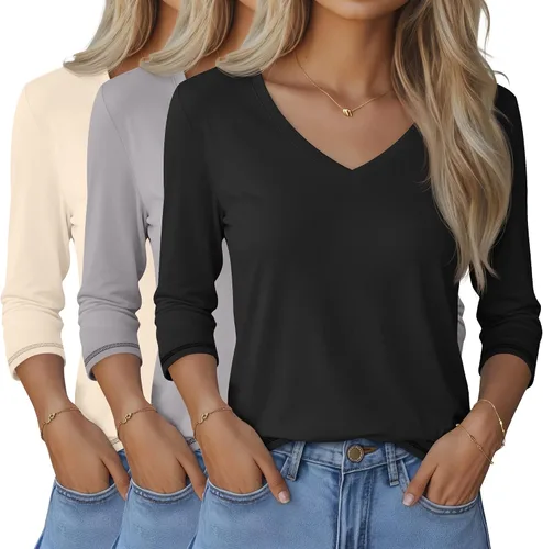 Miniatura 37 de Ficerd Paquete de 3 camisetas de manga 3/4 para mujer, cuello en V, blusas holgadas, blusas casuales, ropa de moda 2026