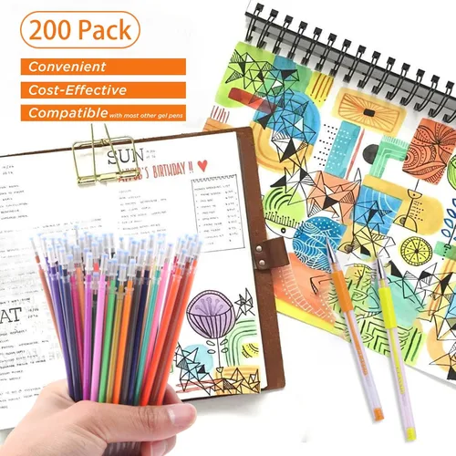 Miniatura 5 de ZSCM Recambios de tinta de gel de 200 colores, bolígrafos de tinta de gel de neón con purpurina, cartuchos de repuesto para libros de colorear