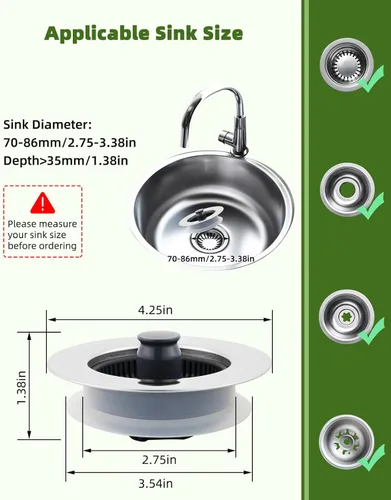 Miniatura 5 de Tapón universal para fregadero de cocina, tapón de fregadero de cocina desplegable 3 en 1 con carcasa envuelta de acero inoxidable cromado