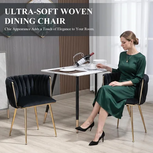 Miniatura 3 de NIOIIKIT Sillas de Comedor Modernas de Terciopelo Sillas de Acento Tejidas a Mano Sillas de Sala de Estar Silla Tapizada con Patas de Metal Dorado