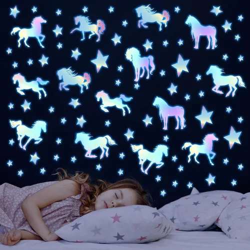 Calcomanías de pared de unicornios que brillan en la oscuridad, unicornios, estrellas, calcomanías de pared para decoración de dormitorio de bebés y