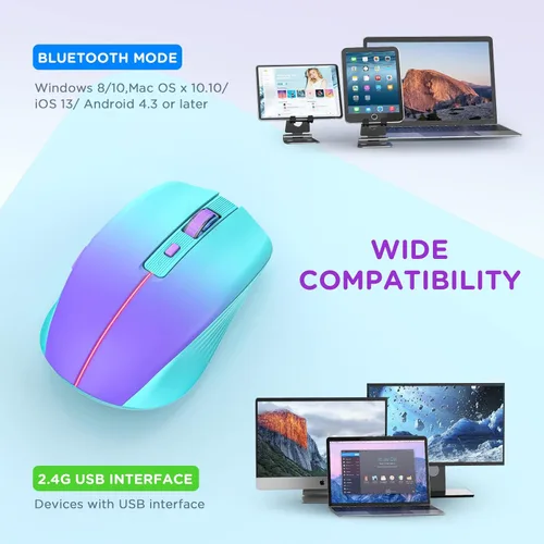 Miniatura 6 de RAPIQUE Ratón inalámbrico Bluetooth, recargable silencioso multidispositivo para computadora (modo tri: BT1/2+2.4Ghz) con receptor USB, ratón