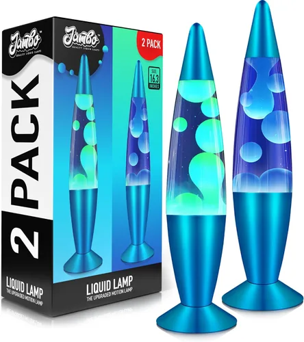 JAMBO Paquete de 2 - Hermosa lámpara de 16 pulgadas, azul con cera azul/blanca y azul con cera amarilla, lámpara líquida relajante, luz nocturna de