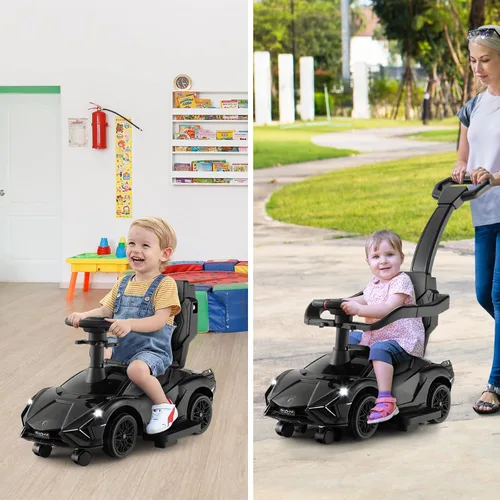 Miniatura 7 de INFANS 3 en 1 Coche de Paseo para Empujar, Silla de Paseo Licenciada Lamborghini para Bebés con Coche de Paseo Deslizante, Bocina, Música, USB, Negro