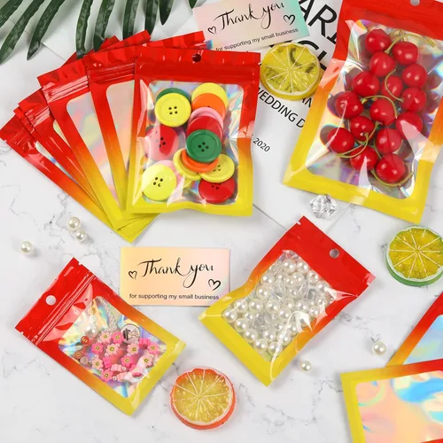 Miniatura 8 de 120 bolsas de tereftalato de polietileno a prueba de olores, bolsa de embalaje holográfica resellable con ventana transparente para alimentos