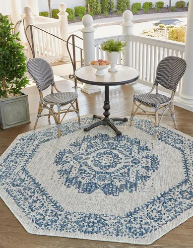 Miniatura 2 de Unique Loom Alfombra de la colección tradicional para exteriores, desgastada durante el tiempo (octágono de 5 pies y 3 pulgadas, azul/gris)