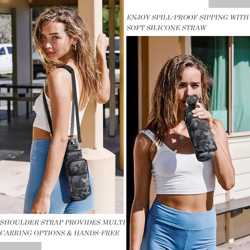 Miniatura 6 de Fimibuke - Botella de agua de 32 onzas líquidas con funda, sin bisfenol A, a prueba de fugas, deportiva, motivacional, con pajilla y correa, bolsa