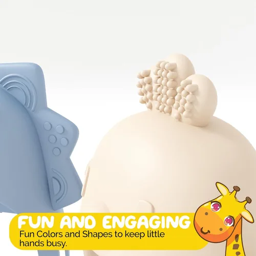Miniatura 5 de Mordedor de silicona para bebé, paquete de 2 mordedores de mano, pequeño pollito, mini dinosaurio, juguete azul para bebé y juguetes beige para bebés