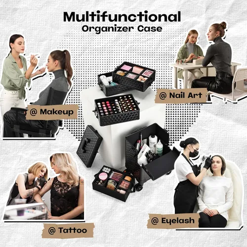 Miniatura 7 de Yueieoun Maletín de Maquillaje Profesional 5 en 1 con Ruedas, Estuche de Cosméticos Extra Grande de Aluminio Rodante Trolley de Maquillaje Negro Air