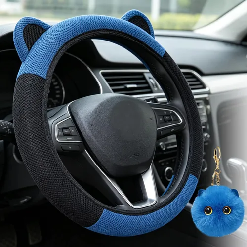 Miniatura 11 de Steering Wheel Cover with Ears Keychain Fit 14-15 inch Black Pink Cute Ears Car Steering Wheel Covers for Women Girls Elastic Breathable Steering