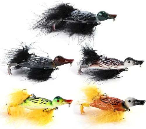 Miniatura 9 de Dr.Fish Topwater - Señuelo de pesca de pato de 4.1 pulgadas, realista, 3D, anzuelos de plumas de cebo duro flotantes, cebo artificial, lucio, lucio