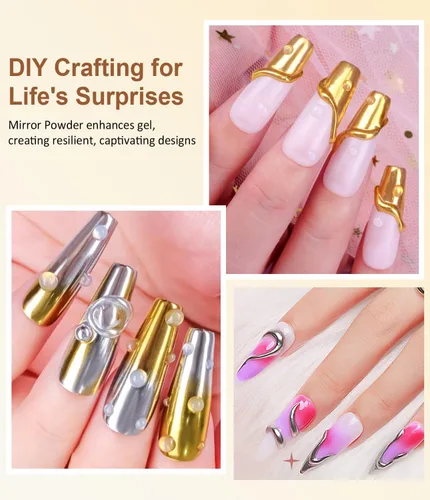 Miniatura 6 de No.1 Kit de efecto espejo de polvo de uñas cromado dorado metálico con 0.71 oz de gel 3D escultura de arte de uñas transparente 100% no tóxico
