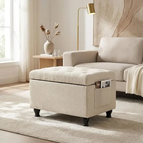 Otomana rectangular de 24 pulgadas, color beige con almacenamiento para sala de estar | Upholstered Fabric Shoe Bench and Footrest with Safety Hinge