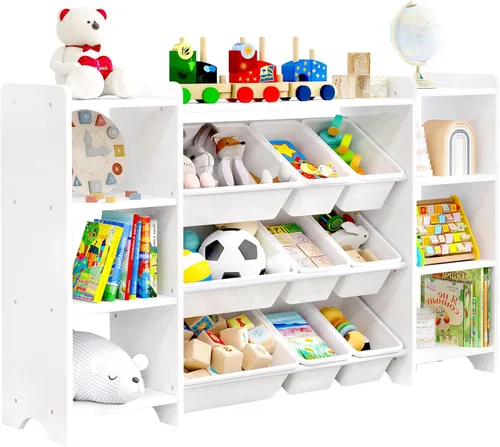 MallBest Estante organizador de almacenamiento de juguetes para niños de 4 niveles, 100% madera maciza, armario organizador para niños con 9 Blanco
