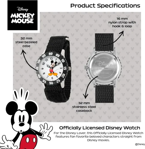 Miniatura 3 de Disney Mickey Mouse Reloj para niños con bisel de acero inoxidable, profesor de tiempo analógico, correa de nylon