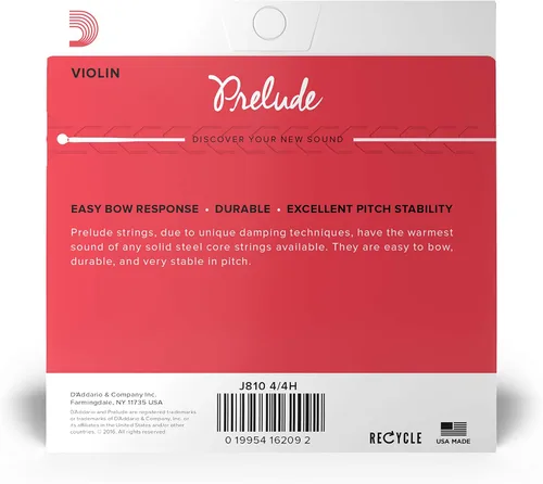 Miniatura 3 de D'Addario Prelude - Juego de cuerdas para violín, escala 4/4, tensión pesada, J810 4/4H, núcleo de acero sólido, tono cálido, económico y duradero