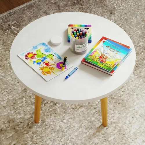 Miniatura 6 de Mesa auxiliar redonda baja con 3 patas resistentes de madera maciza, escritorio de mesa para sentarse en el suelo, 23.6 pulgadas de profundidad x