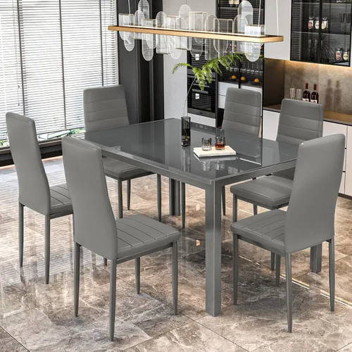 Miniatura 4 de DKLGG Juego de mesa de comedor de 7 piezas para 6, mesa de cocina de vidrio templado con sillas de cuero PU, juego de mesa de comedor moderno