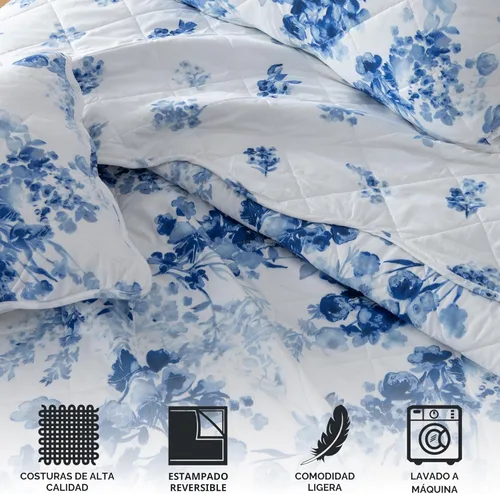 Miniatura 4 de Great Bay Home - Juego de colcha floral tamaño Full/Queen con fundas, juego de ropa de cama azul floral, para todas las estaciones, colcha ligera 06