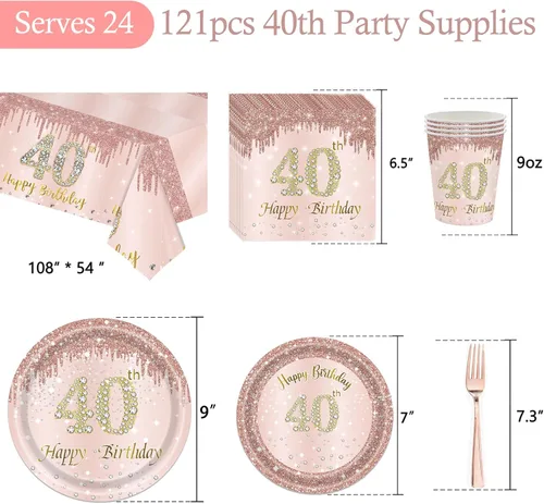 Miniatura 4 de 121 piezas de suministros para fiesta de 40 cumpleaños, platos, servilletas, tazas, tenedores, mantel, decoración temática de 40 cumpleaños en oro
