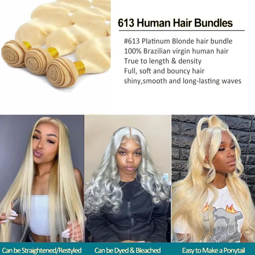 Miniatura 3 de Extensiones de cabello humano 613 rubio, ondulado, grado 12A, sin procesar, cabello humano virgen brasileño 613 para mujeres (1 paquete, 32 pulgadas)
