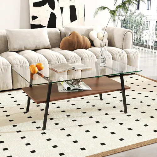 Miniatura 4 de Mesa auxiliar de cristal para sala de estar, mesa de centro de 2 niveles de mediados de siglo, mesa central con parte superior de vidrio templado