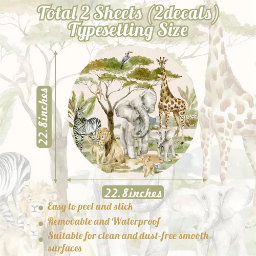 Miniatura 6 de Calcomanías de pared de animales de la selva para niños, diseño de animales de safari africano, despegar y pegar, decoración de paredes de bosque