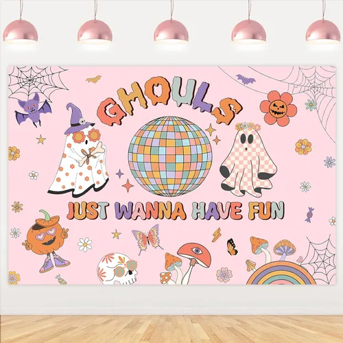 Miniatura 10 de Groovy - Decoración de fiesta de cumpleaños de Halloween, 7 x 5 pies, pancarta de fondo de feliz día de abucheo para niña, decoración bohemia arco