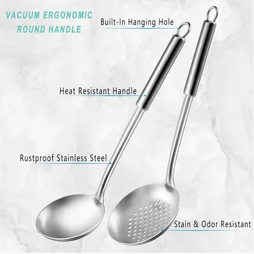 Miniatura 3 de Pleafind 2 piezas Cucharón y cuchara ranurada, cucharón para sopa y cuchara colador, cucharas de cocina y espumaderas de acero inoxidable, Gris