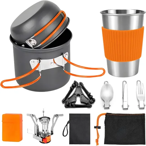 Miniatura 8 de aiGear Juego de 8 utensilios de cocina para acampar, juego de ollas y sartenes con mini estufa de mochilero, taza de acero inoxidable, soporte