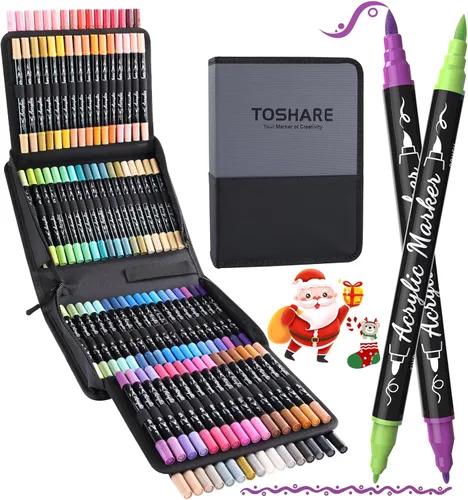 TOSHARE Marcadores de pintura acrílica de 100 colores, pincel y punta fina de doble punta para rocas, madera, papel, tela, lienzo, vidrio, cerámica,
