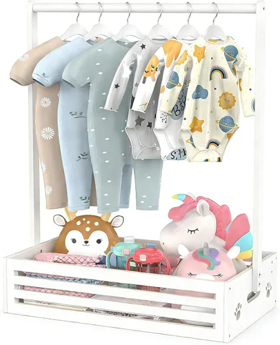 Miniatura 11 de BAMBOOHOMIE Perchero para Ropa de Bebé para Niños Pequeños, Perchero para Ropa de Mascotas con Caja de Almacenamiento y Barra Colgante Ajustable