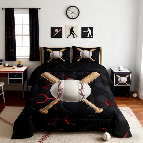 Miniatura 32 de Juego de edredón de béisbol en 3D para niños, tamaño twin, juego de ropa de cama para niños amantes de los deportes de juegos de pelota, decoración