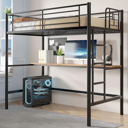 Miniatura 8 de VECELO Cama alta tamaño individual con escritorio, base de cama de metal con escalera extraíble y barandilla de seguridad, no necesita somier