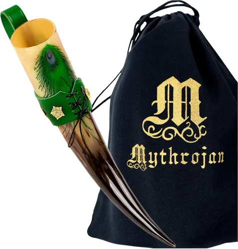 Miniatura 38 de Mythrojan Cuerno vikingo para beber 100% natural, auténtico, decoración de latón, cuerno nórdico con funda de cuero negro, bolsa de lona para vino