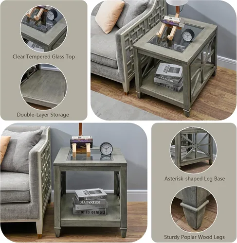 Miniatura 3 de Mesa auxiliar de madera maciza de 2 niveles con vidrio templado, mesa auxiliar cuadrada de madera para sofá, mesita de noche rústica con soporte