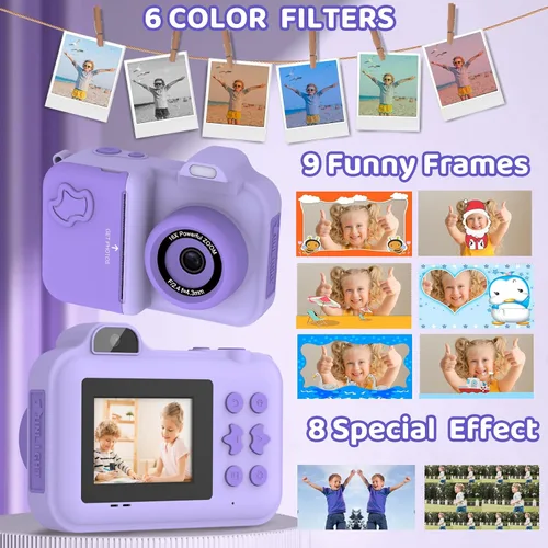 Miniatura 2 de Cámara de impresión instantánea para niños, selfie de doble lente HD de 1080P, cámara digital para niños pequeños con 5 rollos de papel y tarjeta